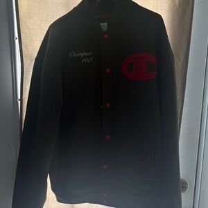 Champion Men's Black Varsity Jacket with Red Details